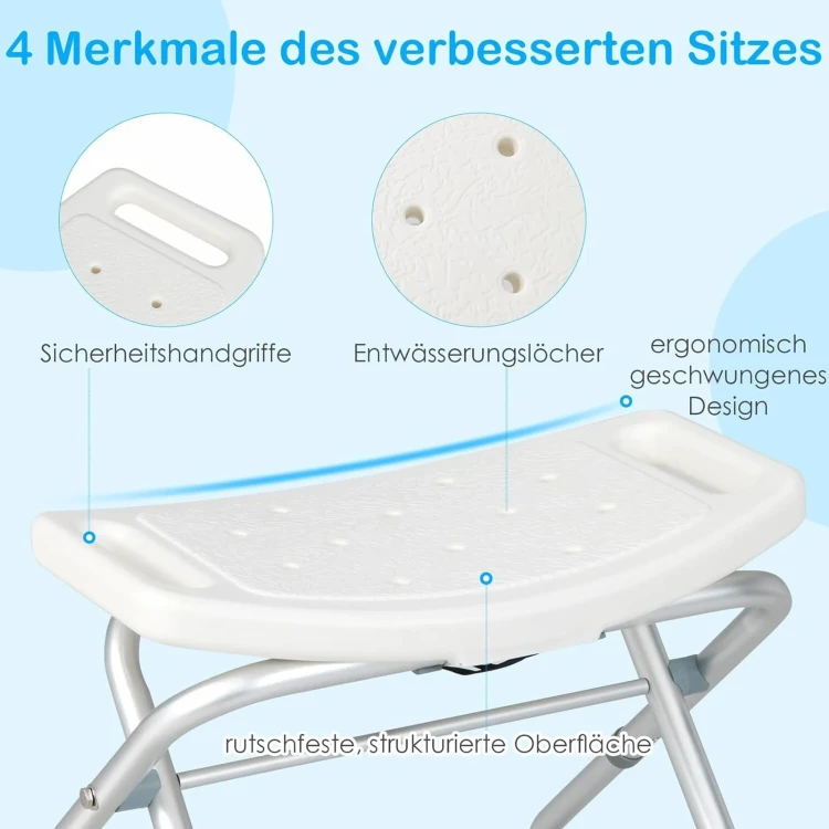 Taboret prysznicowy z regulacją wysokości, antypoślizgowy, składany, 150 kg, biały.webp