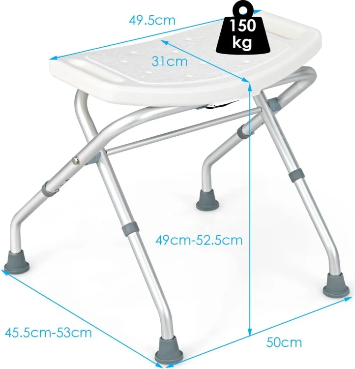 Taboret prysznicowy z regulacją wysokości, antypoślizgowy, składany, 150 kg, biały.webp