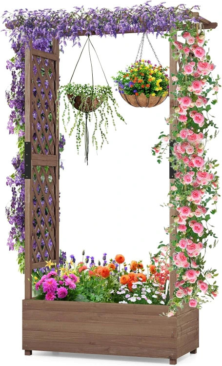 Donica z Pergolą Drewniana 90x44,5x180,5 cm – Skrzynia na Kwiaty z Kratką dla Roślin Pnących.jpg