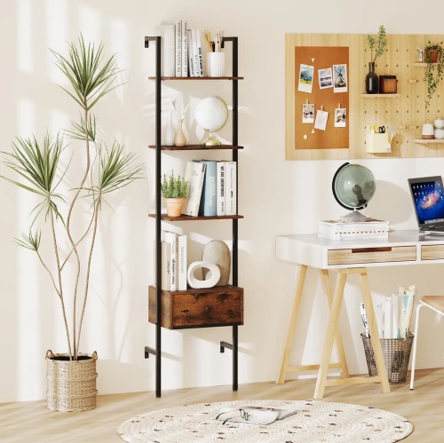 Regał Drabinkowy 5-Poziomowy z Szufladą 177,5 cm – Industrialna Półka na Książki Loft MDF i Metal.webp
