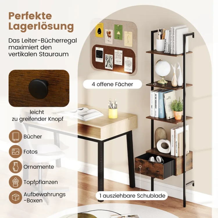 Regał Drabinkowy 5-Poziomowy z Szufladą 177,5 cm – Industrialna Półka na Książki Loft MDF i Metal.webp