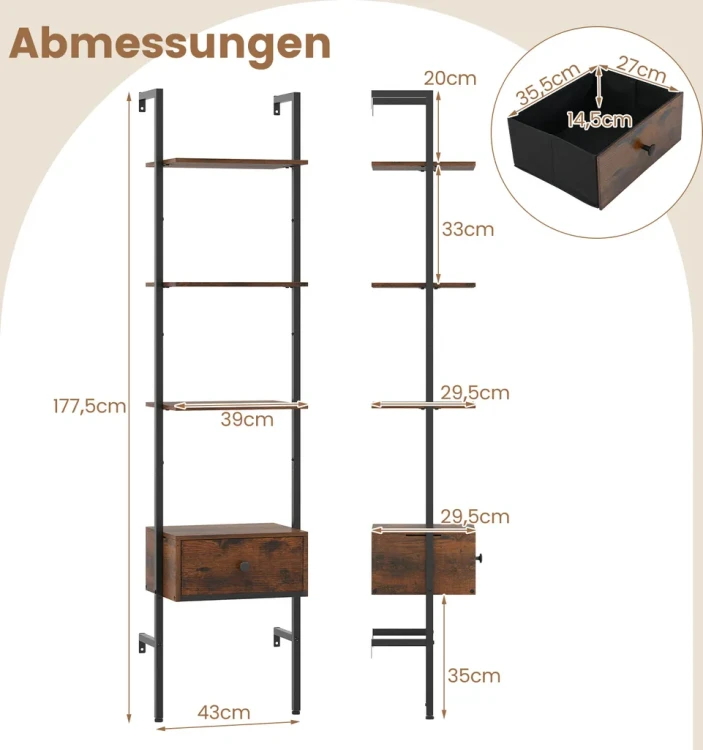 Regał Drabinkowy 5-Poziomowy z Szufladą 177,5 cm – Industrialna Półka na Książki Loft MDF i Metal.webp