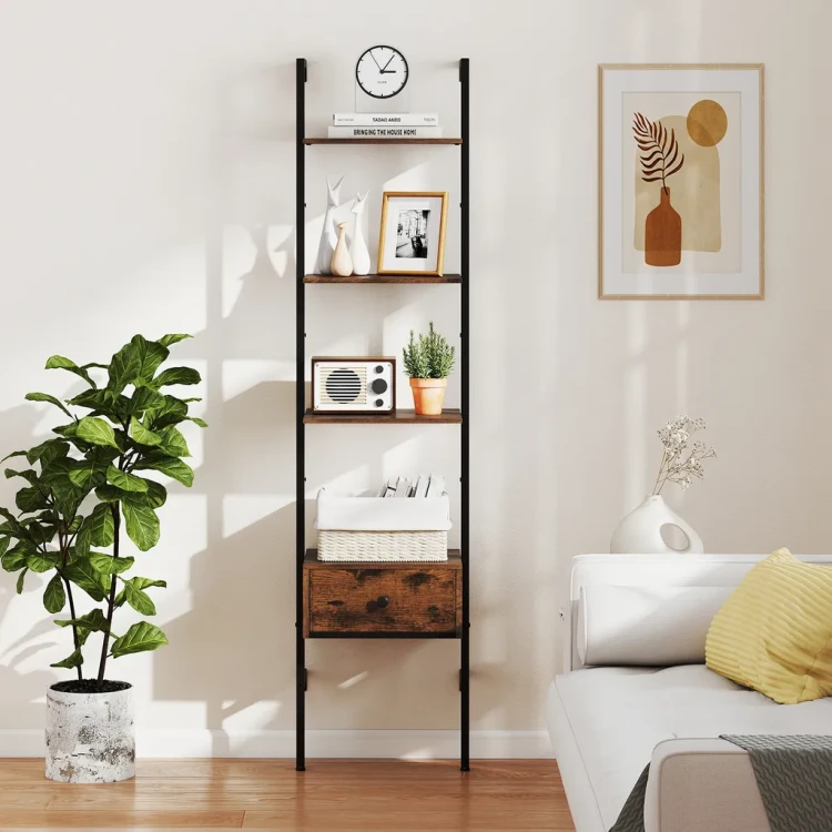 Regał Drabinkowy 5-Poziomowy z Szufladą 177,5 cm – Industrialna Półka na Książki Loft MDF i Metal.webp