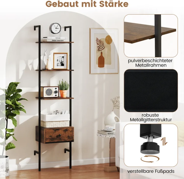 Regał Drabinkowy 5-Poziomowy z Szufladą 177,5 cm – Industrialna Półka na Książki Loft MDF i Metal.webp
