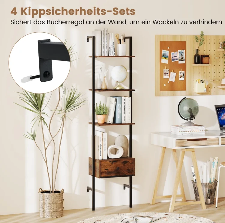 Regał Drabinkowy 5-Poziomowy z Szufladą 177,5 cm – Industrialna Półka na Książki Loft MDF i Metal.webp