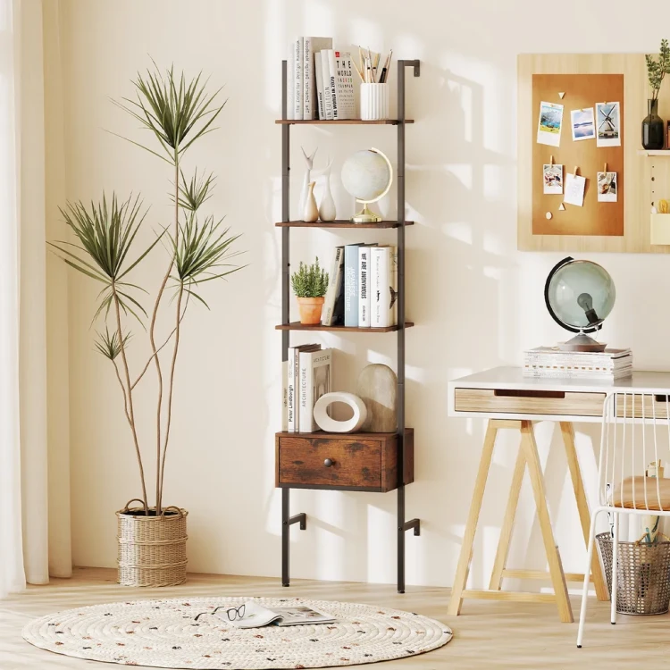 Regał Drabinkowy 5-Poziomowy z Szufladą 177,5 cm – Industrialna Półka na Książki Loft MDF i Metal.webp