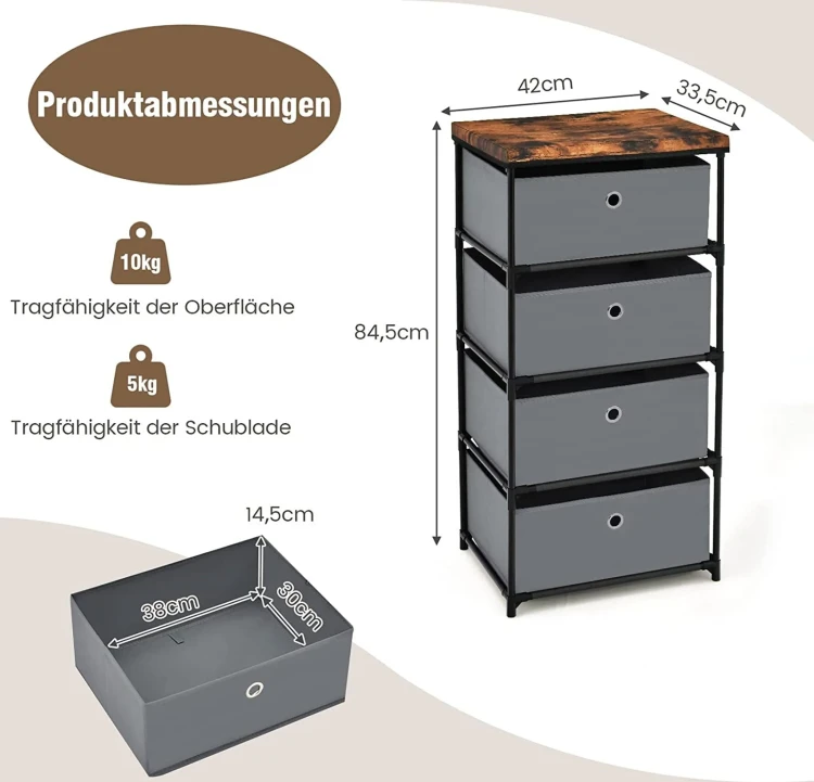 Komoda z 4 Materiałowymi Szufladami 42 x 33,5 x 84,5 cm – Szafka do Sypialni, Przedpokoju i Salonu.webp