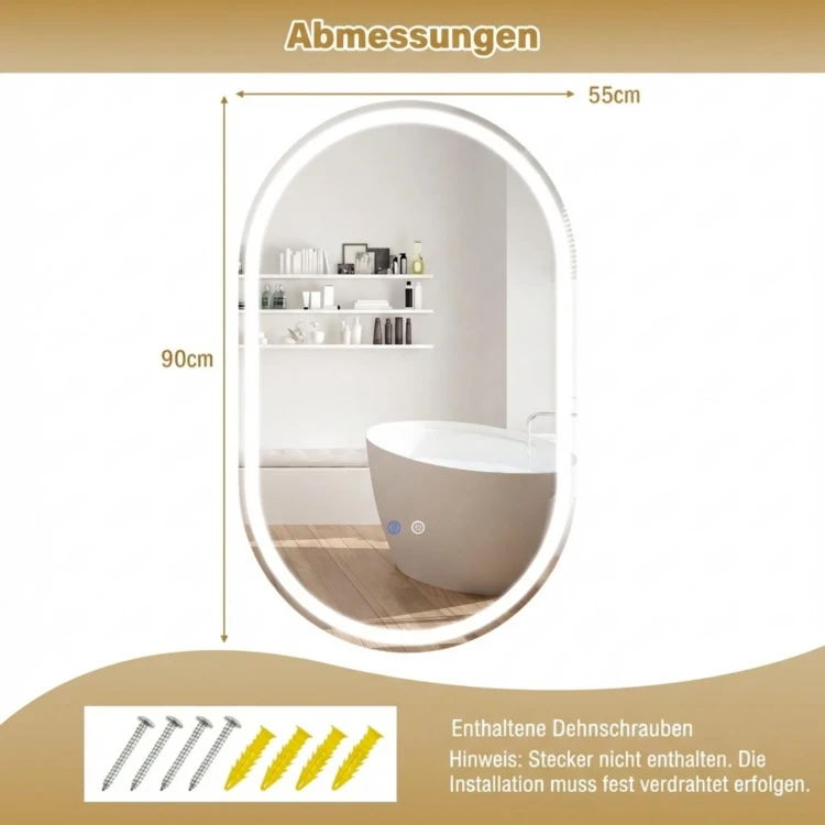 Lustro Łazienkowe LED 90x55 cm COSTWAY – Podświetlane Lustro z Funkcją Antypara i Regulacją Barwy Światła.webp