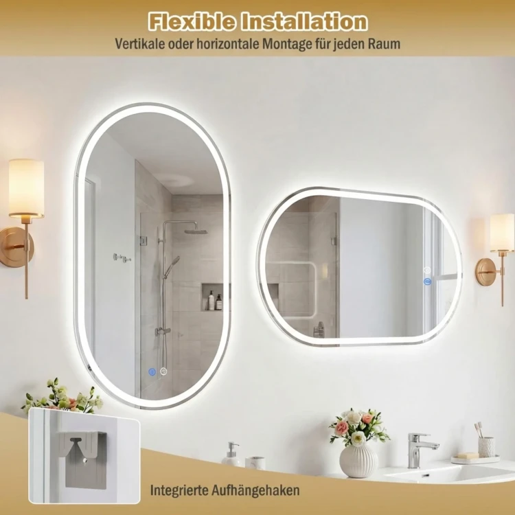 Lustro Łazienkowe LED 90x55 cm COSTWAY – Podświetlane Lustro z Funkcją Antypara i Regulacją Barwy Światła.webp