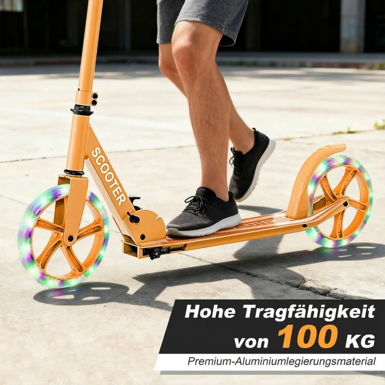 Hulajnoga Miejska Składana z Kołami LED 20 cm – Regulowana Hulajnoga Sportowa do 100 kg Pomarańczowa.webp