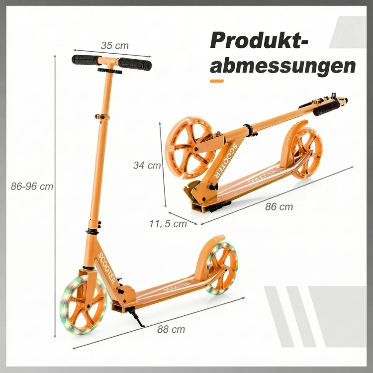Hulajnoga Miejska Składana z Kołami LED 20 cm – Regulowana Hulajnoga Sportowa do 100 kg Pomarańczowa.webp