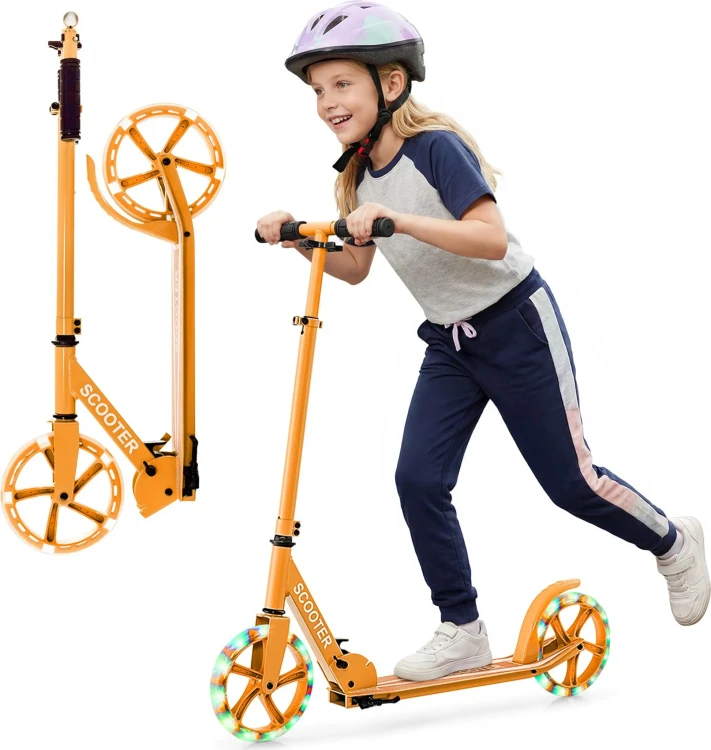 Hulajnoga Miejska Składana z Kołami LED 20 cm – Regulowana Hulajnoga Sportowa do 100 kg Pomarańczowa.webp
