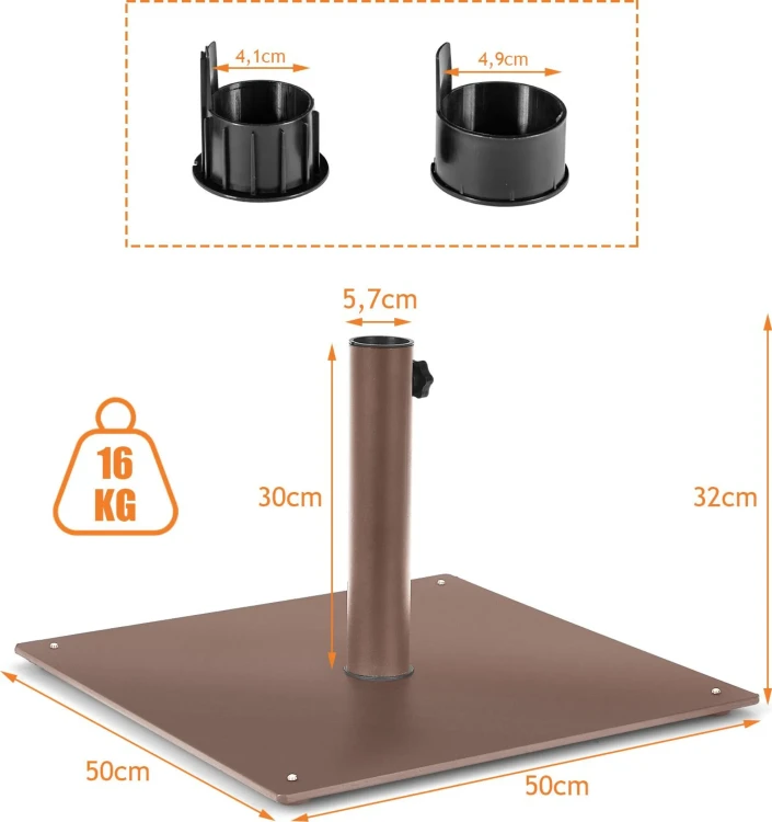 Podstawa do Parasola 15 kg – Metalowy Stojak na Parasol Ogrodowy 40/50 mm, Kwadratowa Podstawa Brązowa.webp