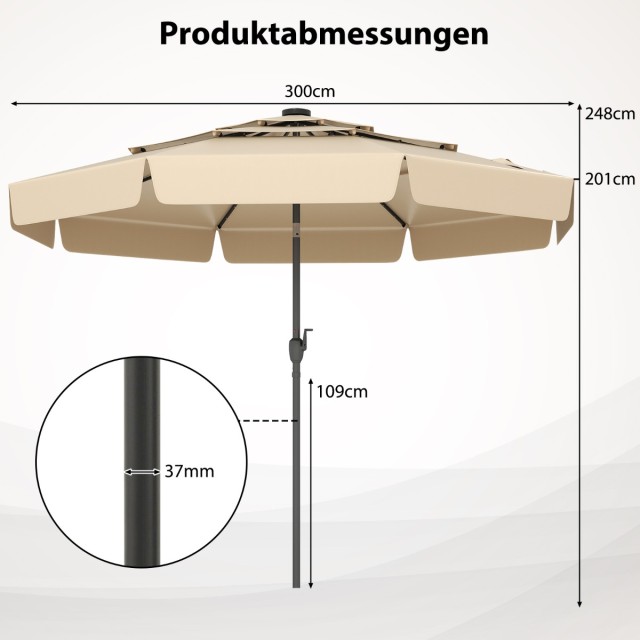 Parasol ogrodowy solarny LED 295 cm COSTWAY – 32 diody LED, 3-poziomowa wentylacja, regulacja nachylenia.jpg.jpg