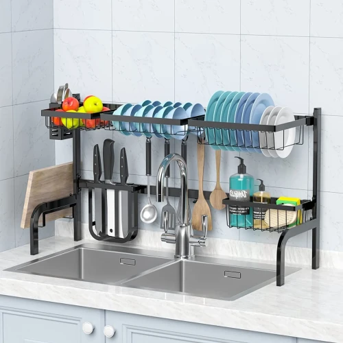 Ociekacz do naczyń nad zlew COSTWAY regulowany 53–99 cm 2-poziomowy czarny.webp