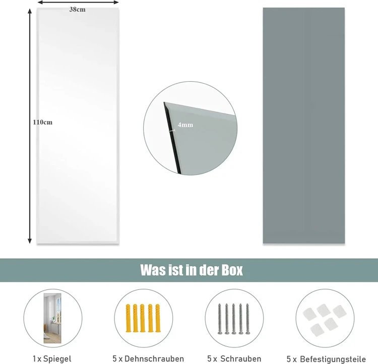 Lustro ścienne Costway 110x38 cm bezramowe prostokątne pełnowymiarowe.webp