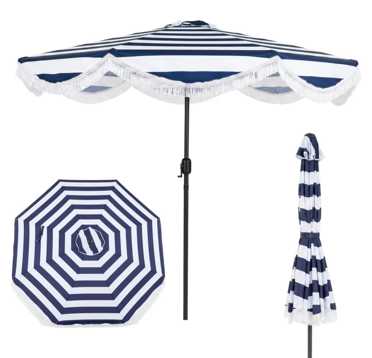 Parasol ogrodowy COSTWAY 270 cm niebiesko-biały z falbaną i frędzlami regulowany.webp