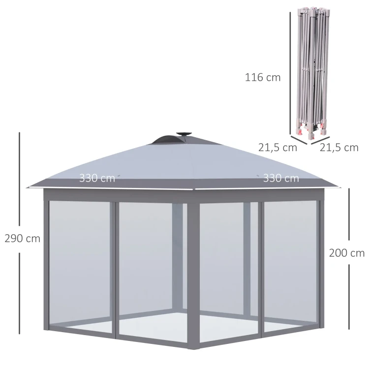 Outsunny Pawilon ogrodowy 3,3 × 3,3 m składany z oświetleniem LED solarnym i moskitierami Szary.jpg.jpg.webp