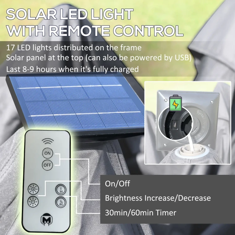Outsunny Pawilon ogrodowy 3,3 × 3,3 m składany z oświetleniem LED solarnym i moskitierami Szary.jpg.jpg.webp
