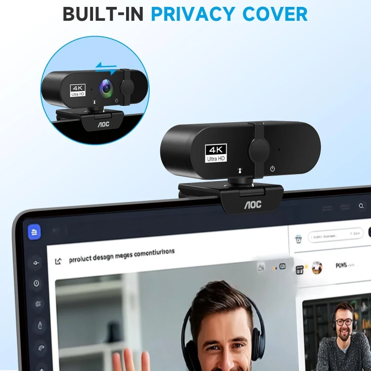 Kamera internetowa AOC 4K Ultra HD USB z mikrofonem redukcją szumów i osłoną prywatności.jpg