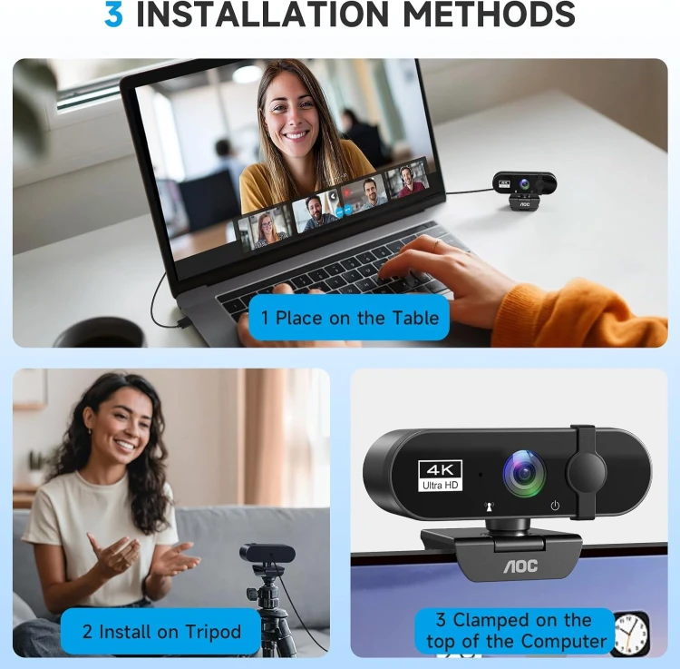 Kamera internetowa AOC 4K Ultra HD USB z mikrofonem redukcją szumów i osłoną prywatności.jpg